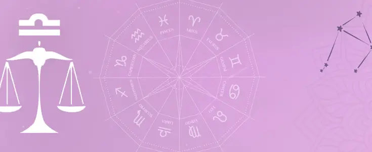 Libra season crystals: Rose quartz, amethyst, selenite, and more on a Libra scale.