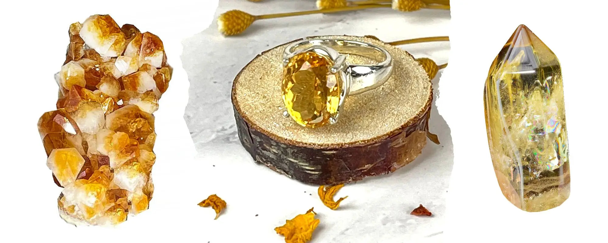 Close-up of raw citrine quartz crystals showing variations in color and clarity.