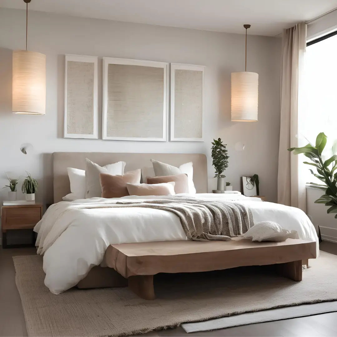Modern bedroom interior design, minimalist aesthetic, sleep sanctuary, calm bedroom, restful space, bedroom decor,  peaceful atmosphere.