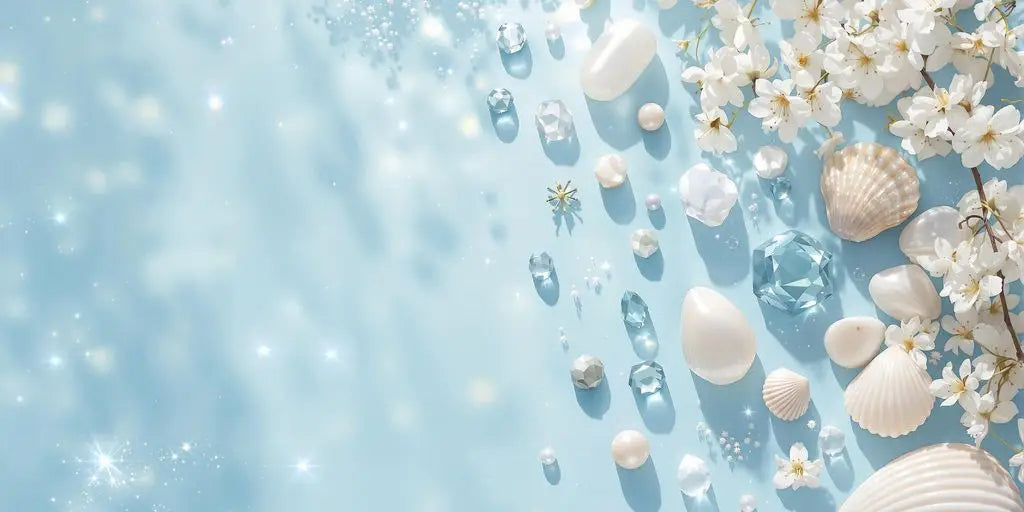 Moonstone, pearl, and aquamarine crystals with seashells