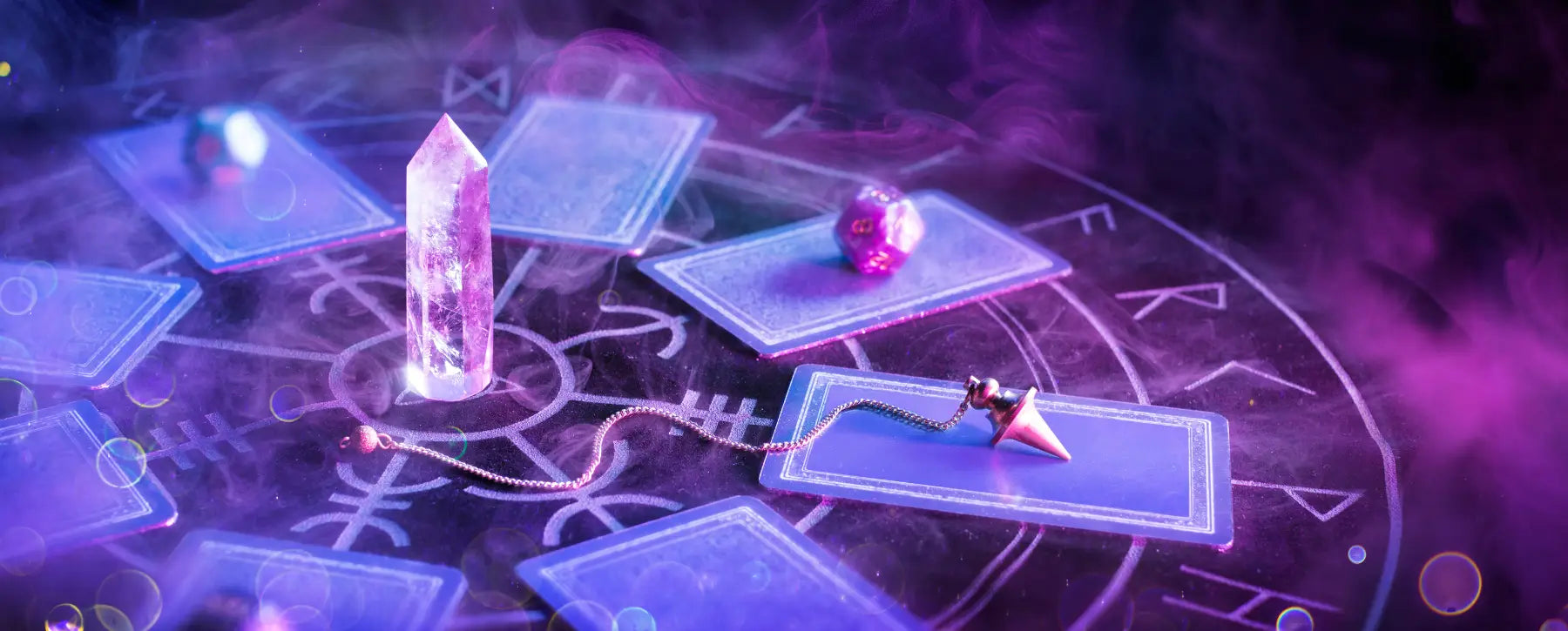 Tarot cards spread on a purple cloth, featuring major arcana cards, suggesting mystery and divination.