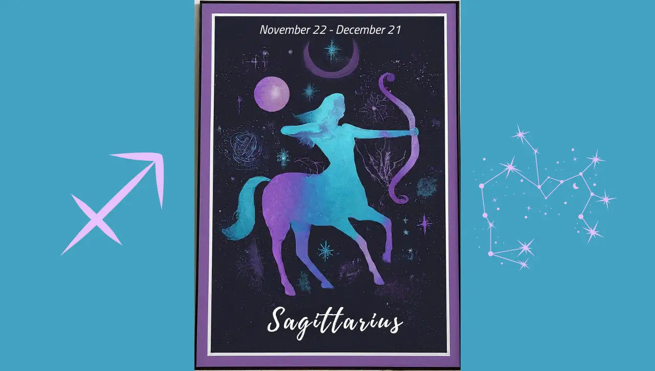 Sagittarius zodiac sign graphic; archer illustration; fiery orange and purple hues; astrology symbolism; adventurous spirit; wisdom and knowledge.