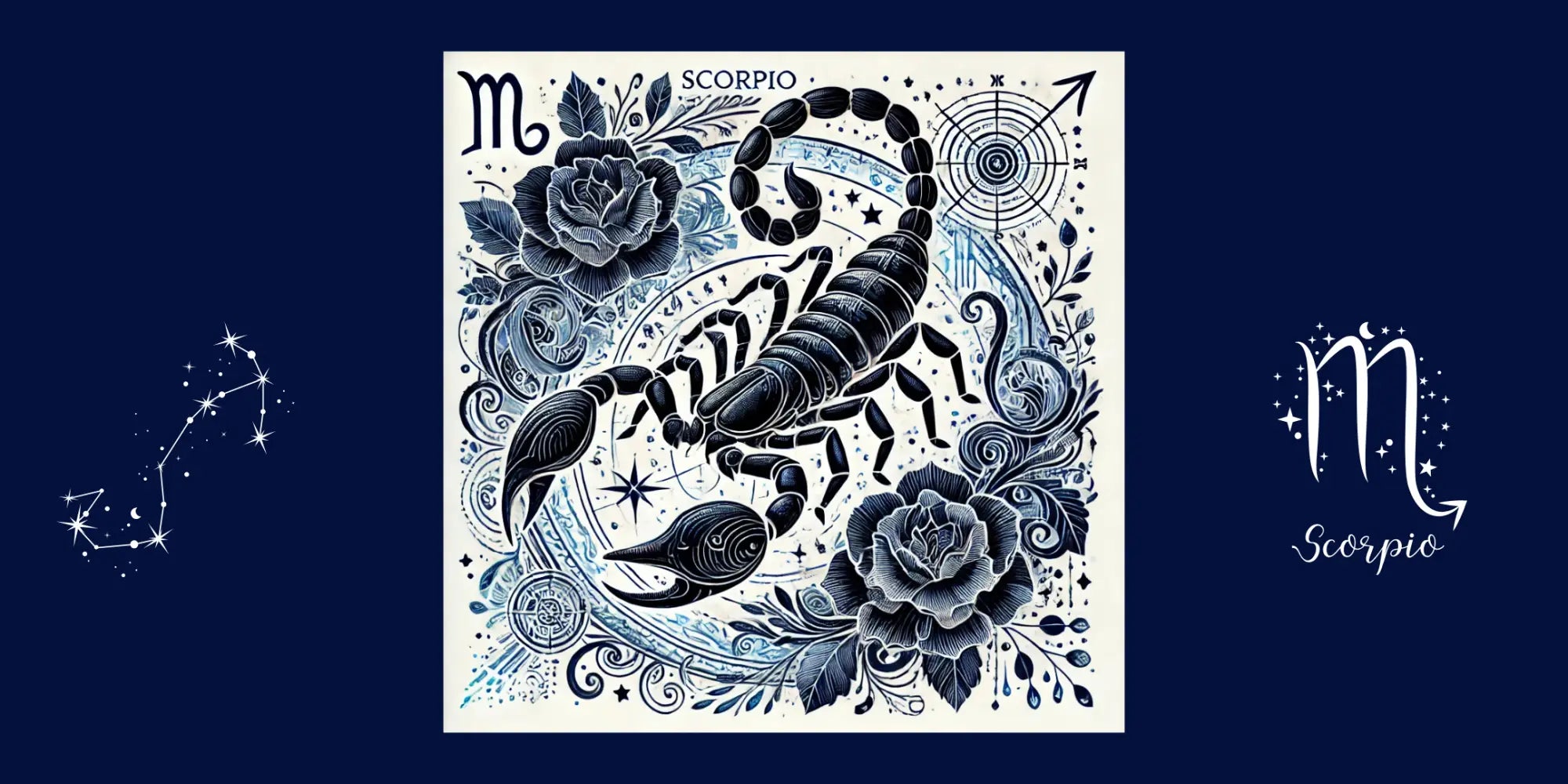 Scorpio season graphic, intense dark purple and black background, zodiac Scorpio constellation symbol.