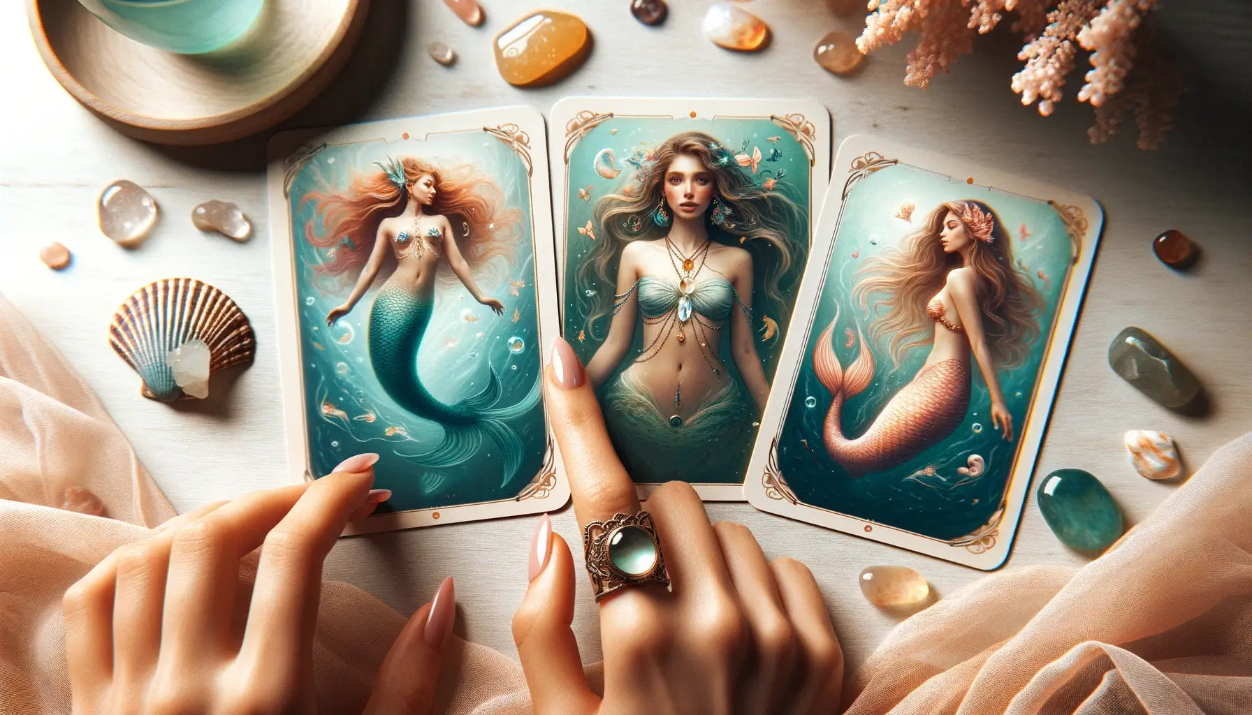 A deck of mermaid oracle cards featuring colorful artwork and flowing script on each card.