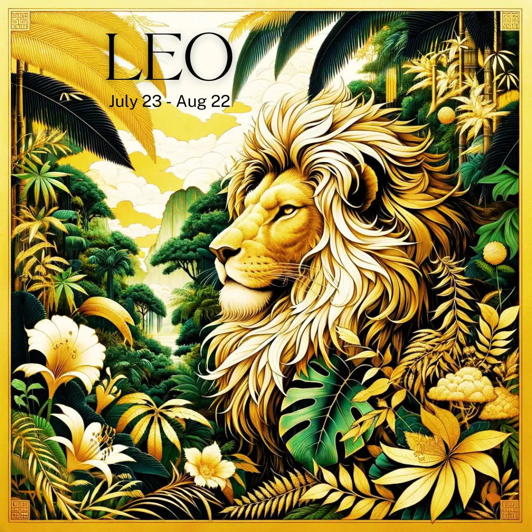 Leo zodiac sign symbol with empowering crystals arranged around it