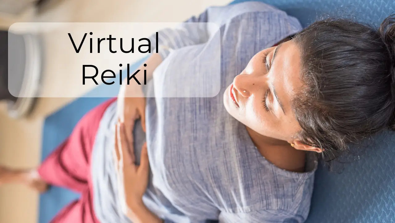 Woman receiving virtual Reiki healing session, online energy healing, distance Reiki.