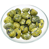 Bowl of green and blue marbles with 1 Lizardite Serpentine Tumbled Stone #SK9163