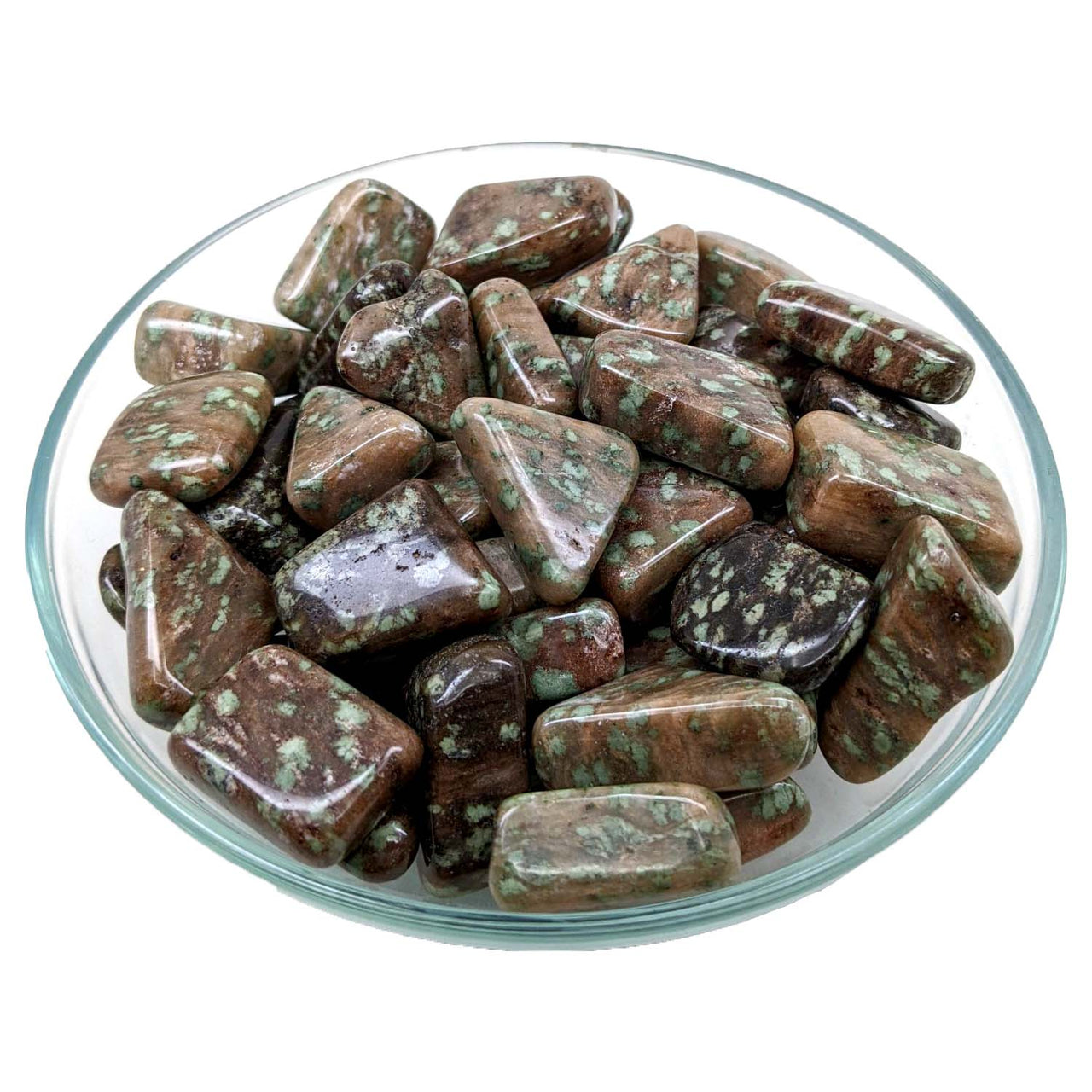 Polished brown and green Nundoorite Large Tumbled Stone in a glass dish