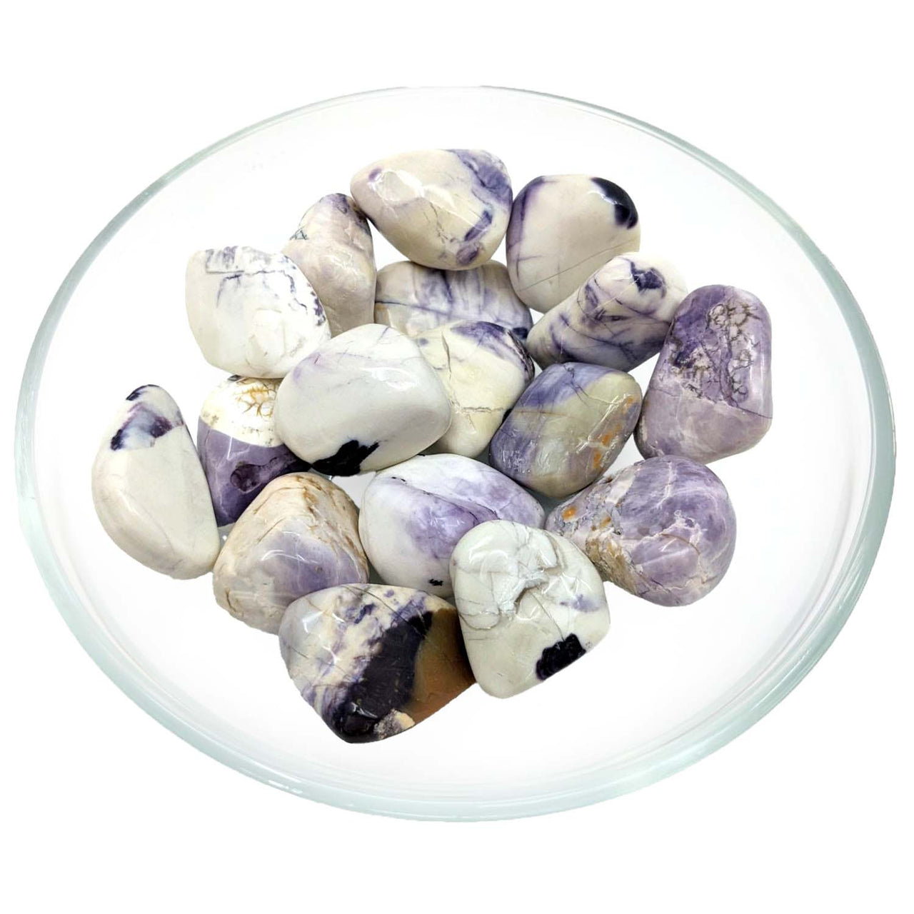 Bowl of purple and white marble Tiffany Stone Tumbled Stones for display and collection