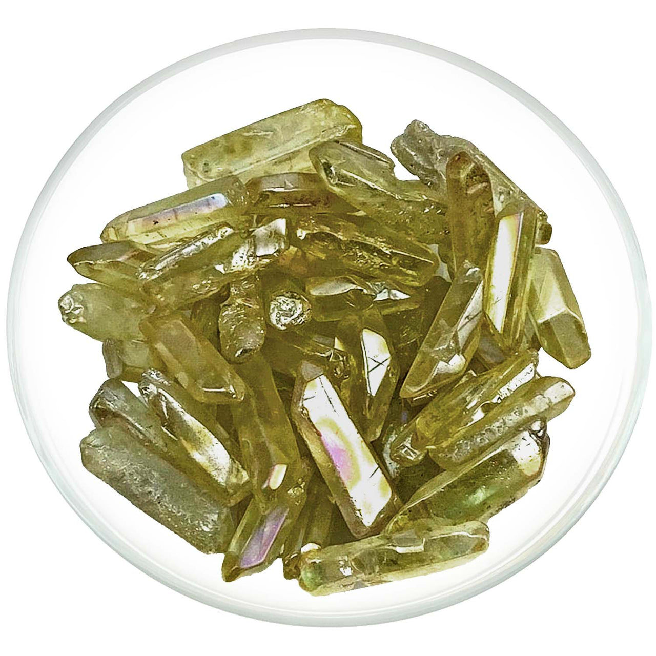 Cluster of pale green Golden Aura Quartz Points with prismatic crystal formations