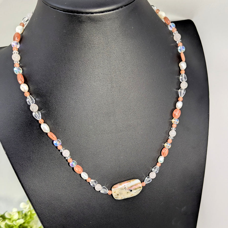 Rhodochrosite, Pearl 20" Rose Qtz, Opal Necklace #BC1746