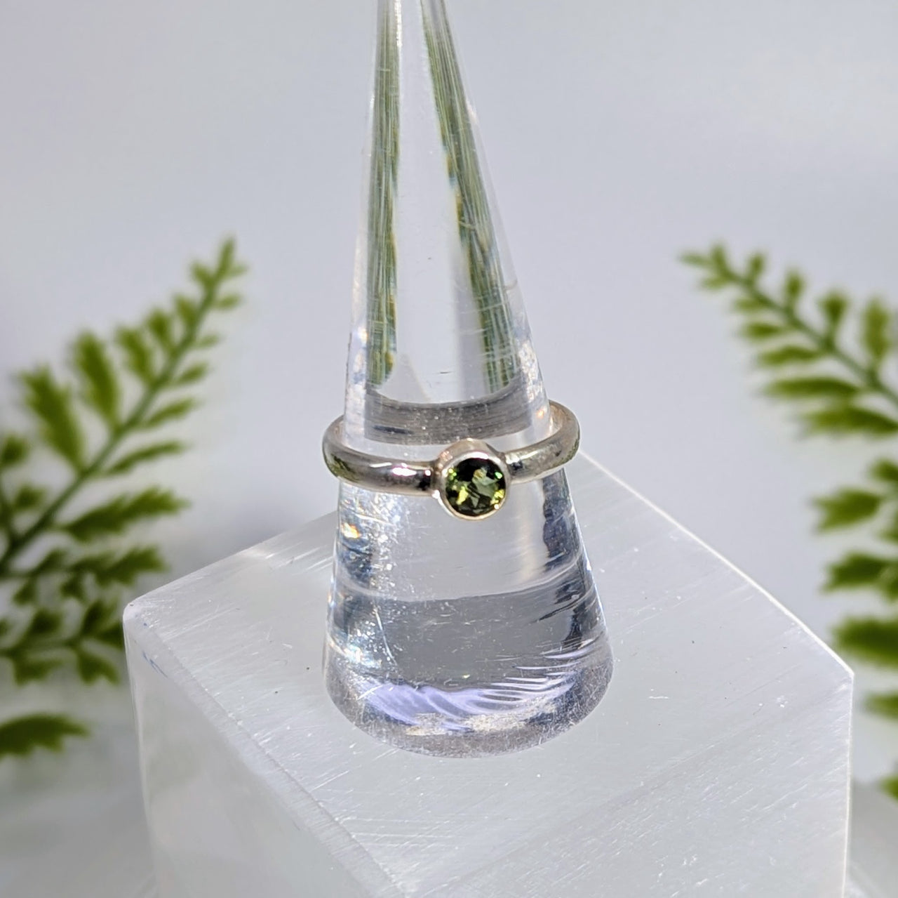 Moldavite Faceted Sz 8.75 Round S.S. Ring #BC1919