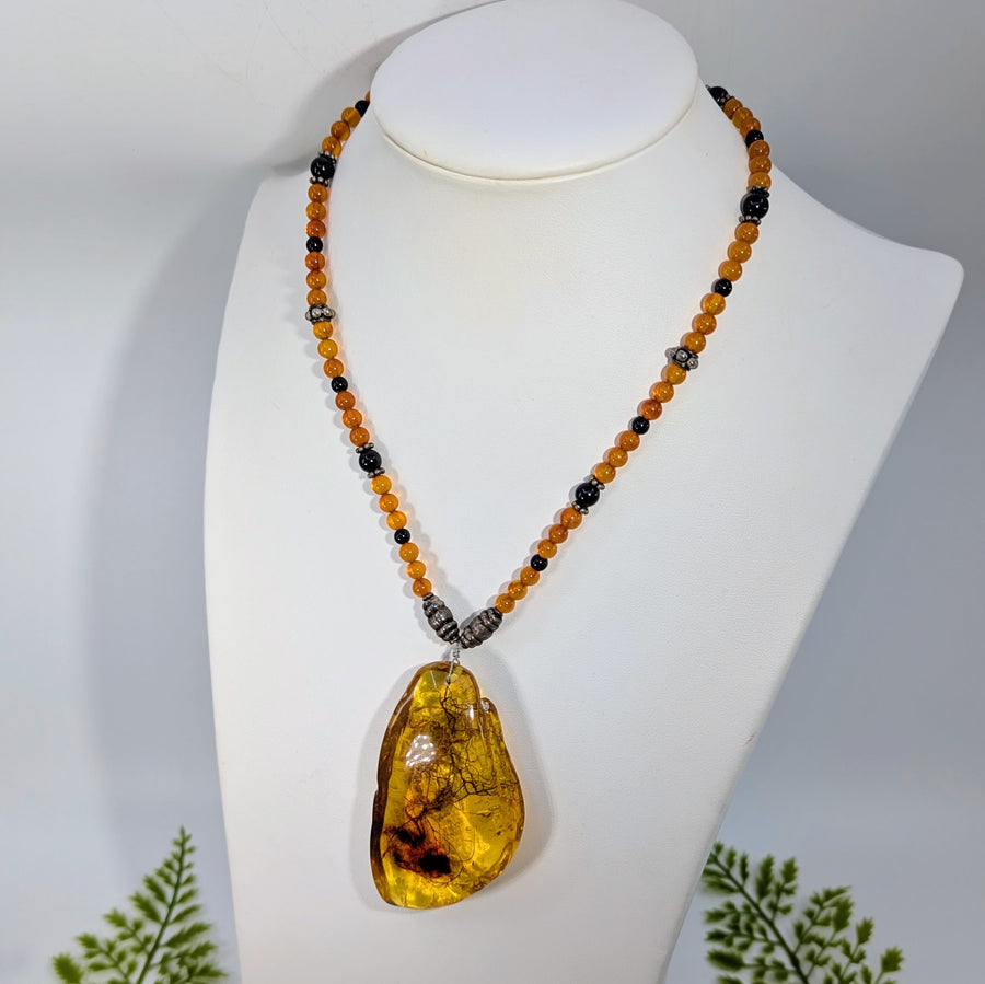 Amber and Obsidian 8" Scorpion in Resin Necklace #BC1931