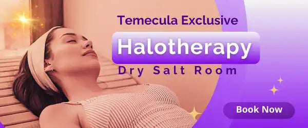 Advertisement for halotherapy (salt room therapy) services with purple gradient design elements.