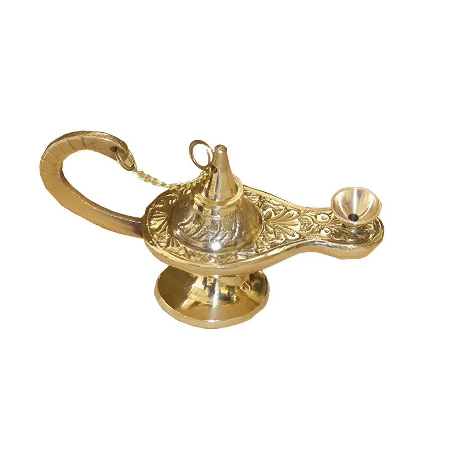 Ornate golden genie lamp from Aladdin Brass Lamp #Q354, perfect as incense burner or for bliss crystals