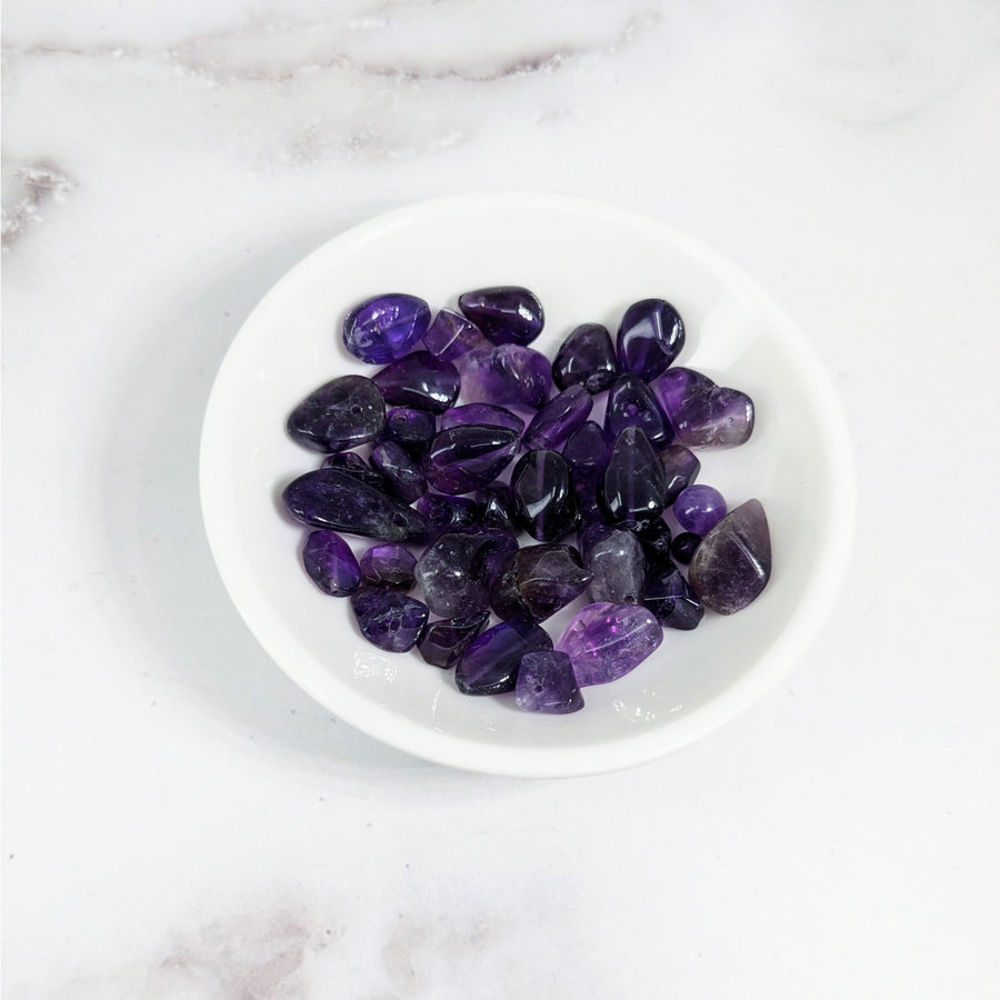 Amethyst crystals in white bowl, Amethyst Dark Bead 4-11 mm Polished Mixed 12 pack #LV3622