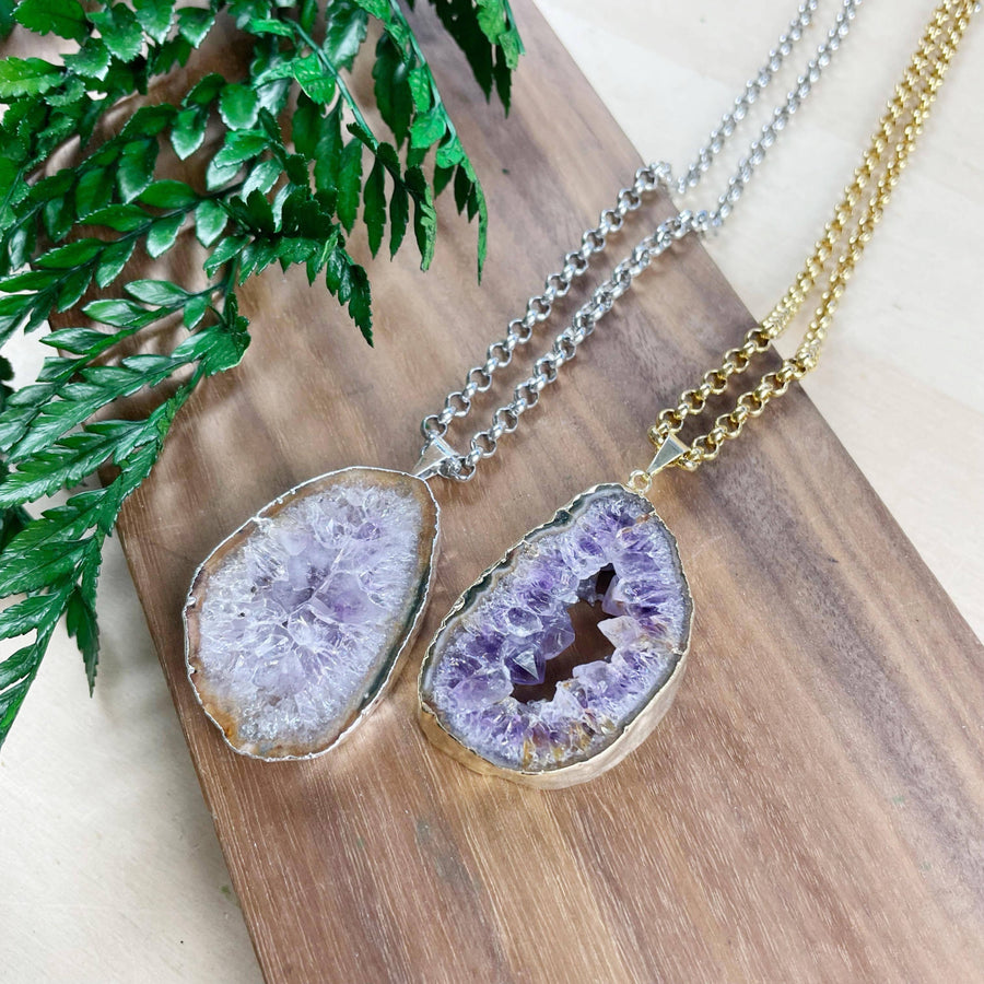 Amethyst Geode Slice Necklace #LV9387 with silver and gold chains
