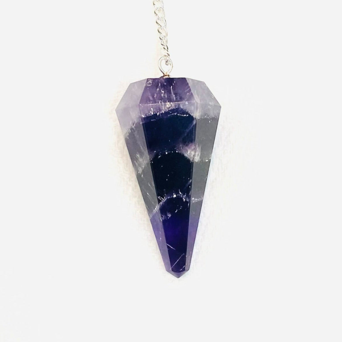 Amethyst Pendulum with Silver Chain for Healing and Meditation Displayed in Product #J183