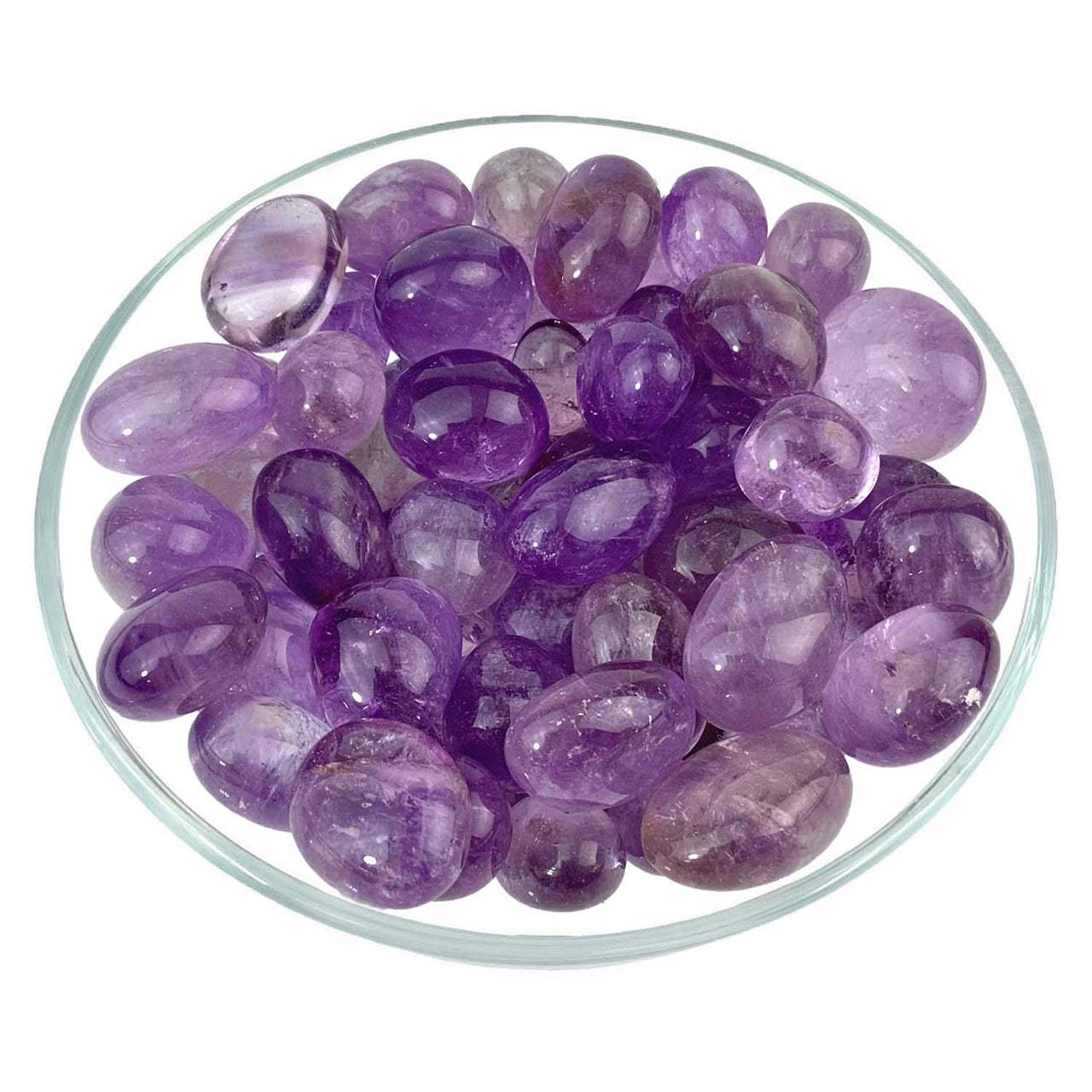 Polished Amethyst stones in a glass dish for 1 Amethyst Round Tumbled Stone