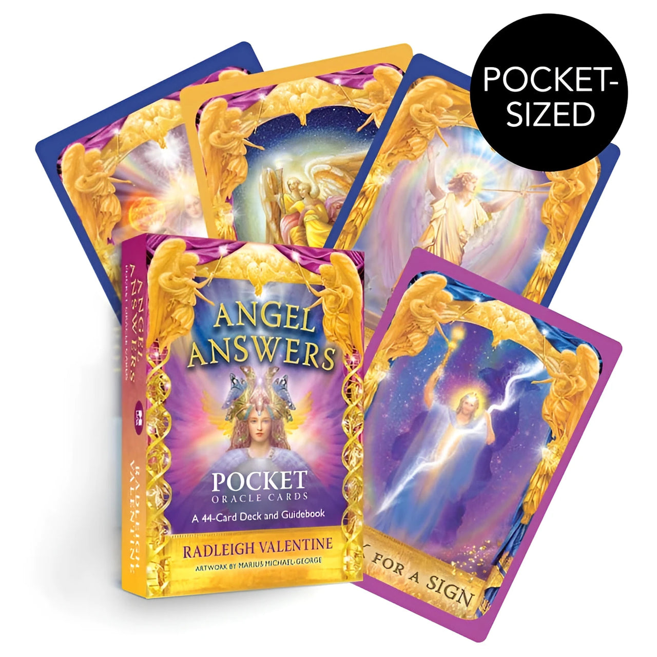 Purple and gold angel answers pocket oracle deck with guidebook featuring jewelry crystal and gemstone motifs