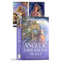 Angelic vibrations oracle deck by Josephine Wall featuring purple box with intricate winged woman and celestial gemstone motifs