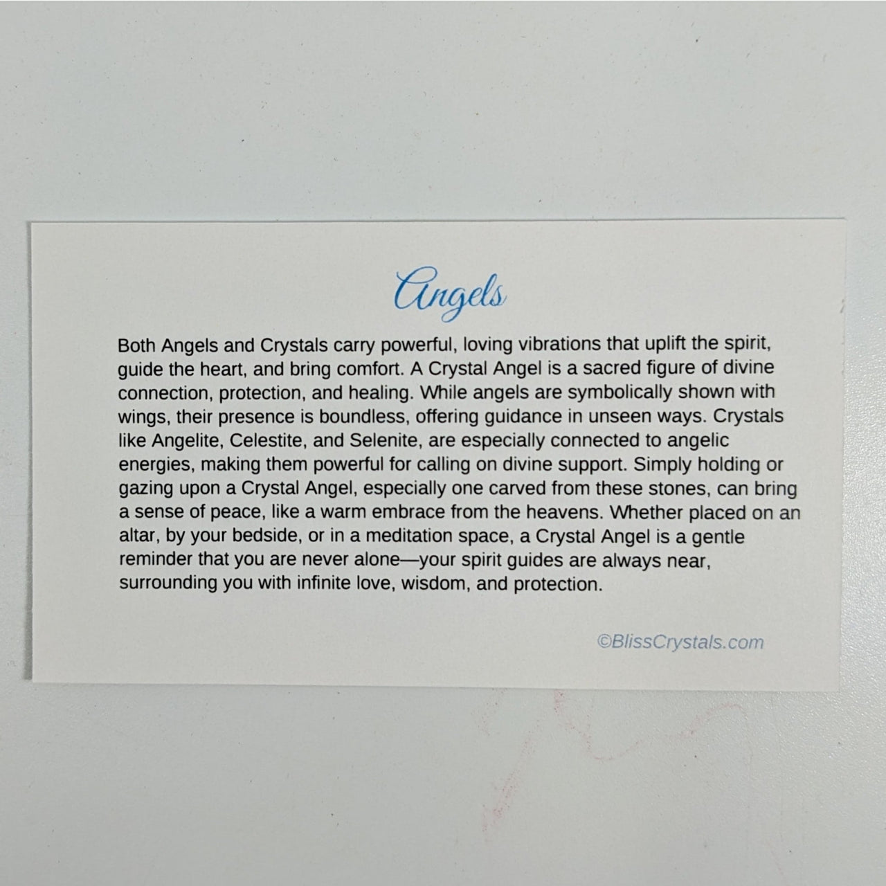 Angel Crystal Information Card featuring Rutilated Quartz and crystal information about angels
