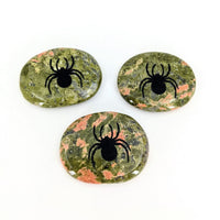 Three green and orange spiders painted on rocks from Animal Palm Stone #T389D
