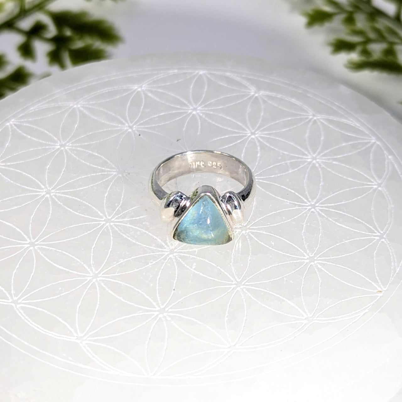 Aquamarine triangle silver ring size 6 #BC1089 with light blue opal