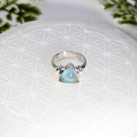 Aquamarine triangle silver ring size 6 #BC1089 with light blue opal