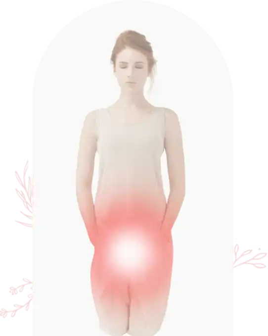 Artistic illustration showing a figure with red glowing pain or discomfort in the pelvic area.