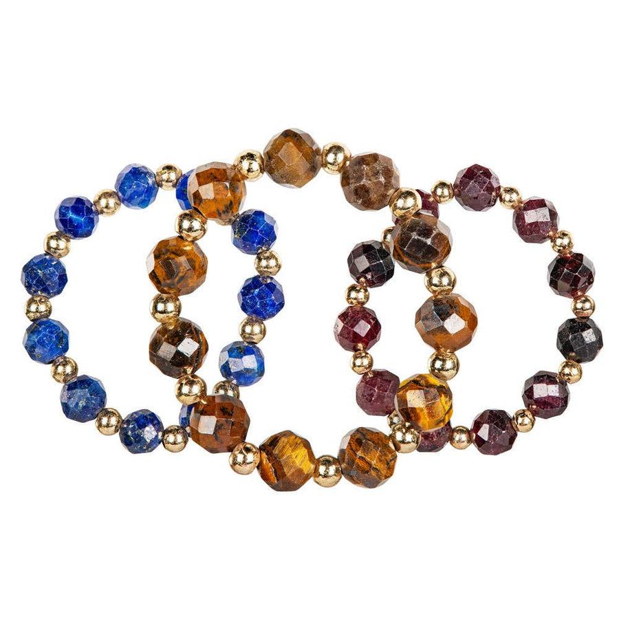 Three faceted gemstone stretch bracelets in blue, amber, red with gold beads