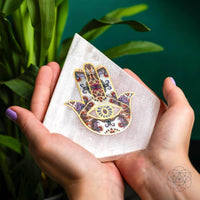 Hamsa hand charm on white selenite pendant for Aura Spa mood lamp