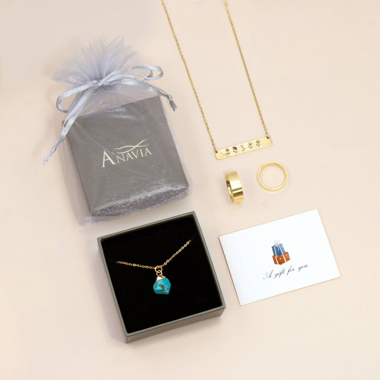 Gold bar necklace with engraved symbols on adjustable 16-18 inch brass chain