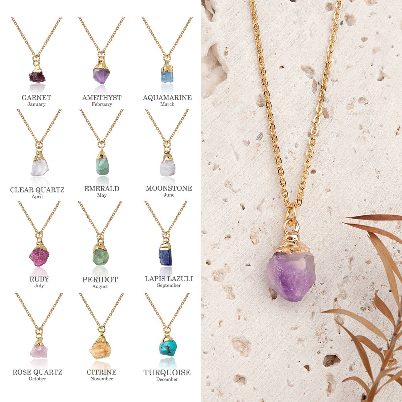 Delicate gold chain necklace with raw faceted amethyst pendant, 16-18’’ adjustable brass