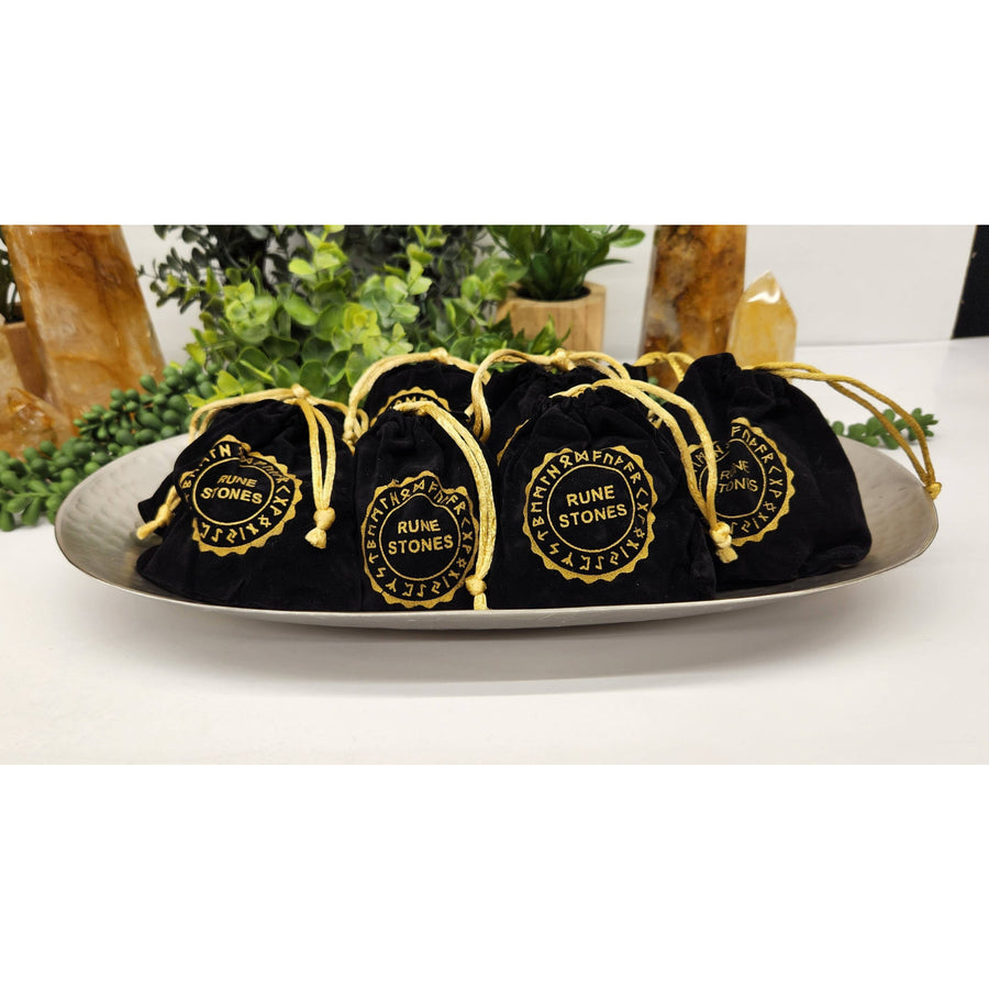 Black velvet rune stone pouch with gold trim and drawstring for LV9504 set