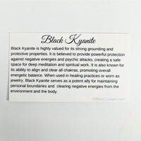 Informational card about Black Kyanite Crystal with healing properties and kyanite crystal information