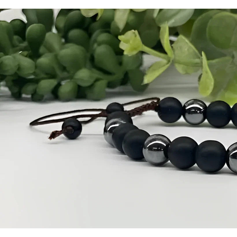 Beaded Black Obsidian and Hematite adjustable bracelet with cord for men and women