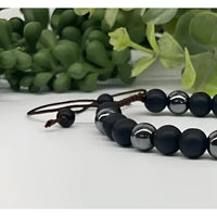 Beaded Black Obsidian and Hematite adjustable bracelet with cord for men and women