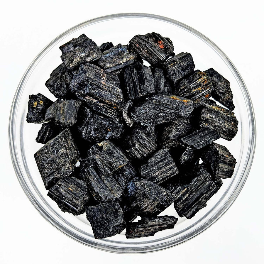 Black Tourmaline Rough Natural 1-2 inch in a bowl, ideal for healing and referral history