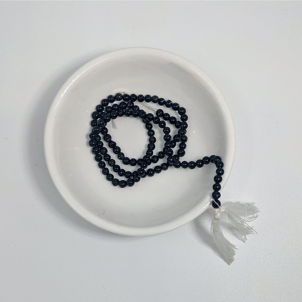 Black Beaded Mala with White Tassel, made from Black Tourmaline Round Beads #LV7153