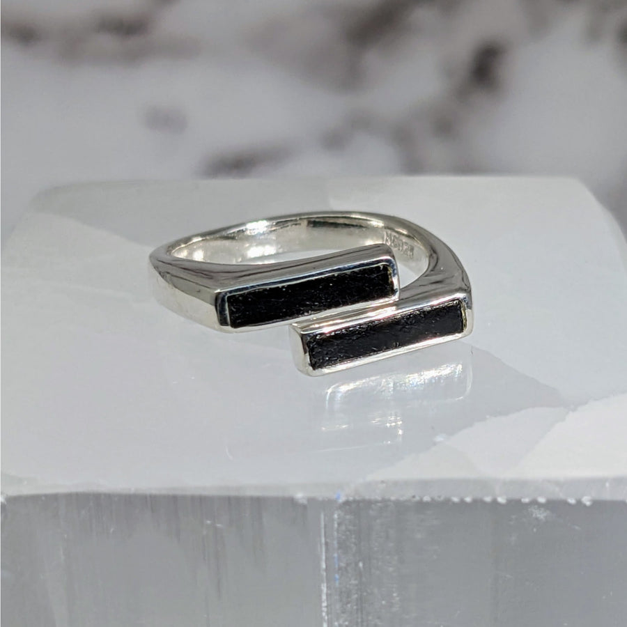Silver ring with black tourmaline stone on top - Black Tourmaline Split Bar Ring #LV3877