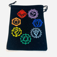 Black velvet drawstring pouch featuring six chakra designs, product code Q027