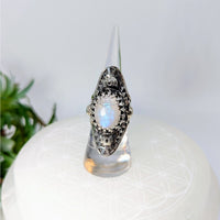 Elongated silver ring with iridescent Moonstone gemstone for Blue Flash Moonstone Sz 7.25 Tribal Shield Ring