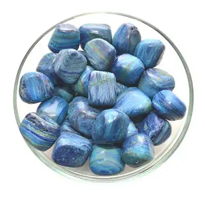 Blue iridescent polished stones in shimmering turquoise and indigo hues.