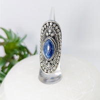 Silver ring with a blue Kyanite gemstone in a shield setting, size 6.5