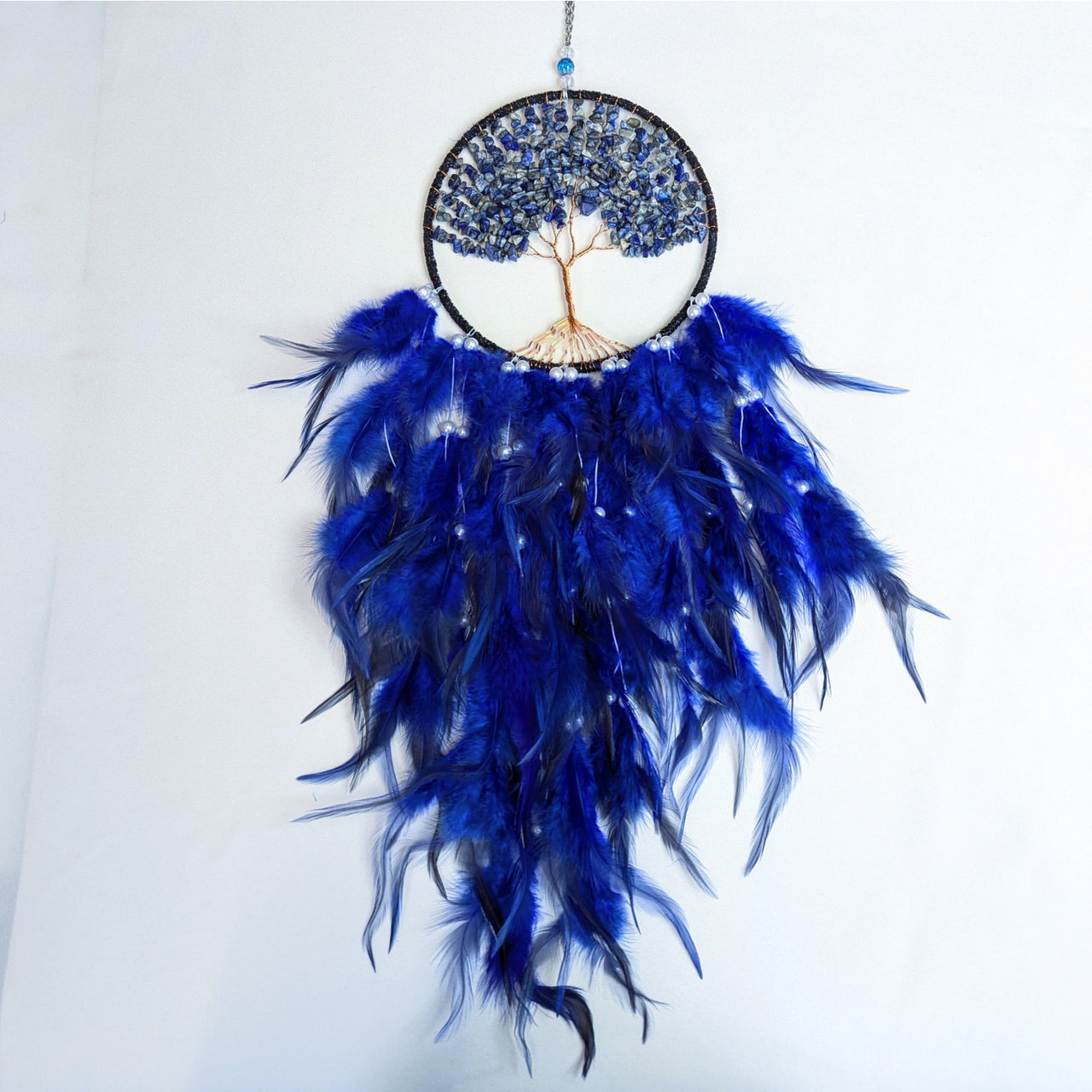 Blue feather dreamcatcher w lapis featuring Tree of Life design with bliss crystals
