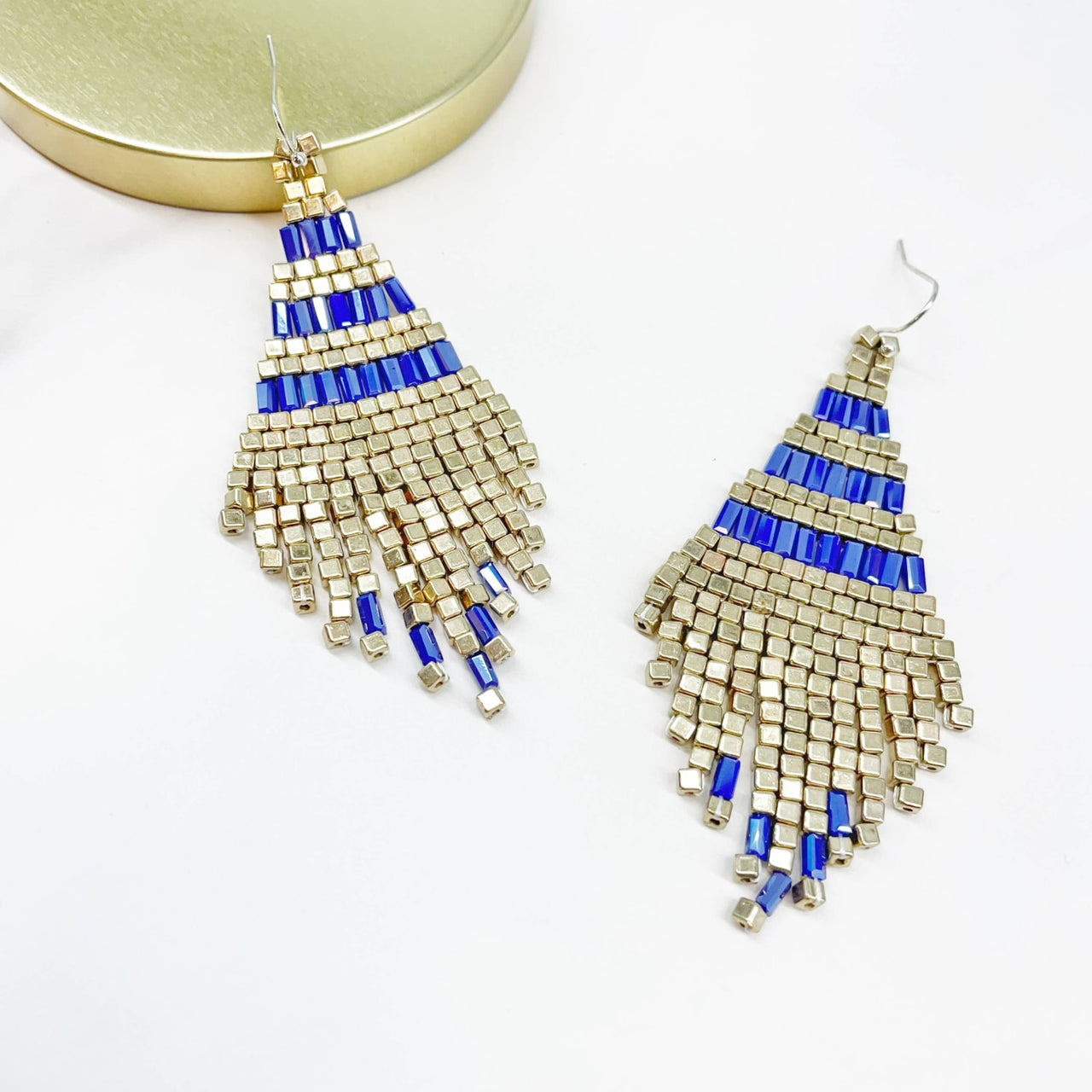 Pair of blue and gold beaded earrings from Boho Beaded Tassel Earrings You Choose Color #LV7394