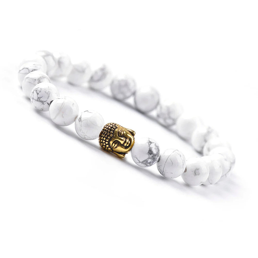 White Beaded Bracelet with Golden Buddha Charm in the Buddha Bracelet White Howlite Beads product