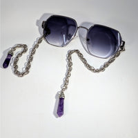 Silver octagonal sunglasses with gray gradient lenses, amethyst chain #BC0718