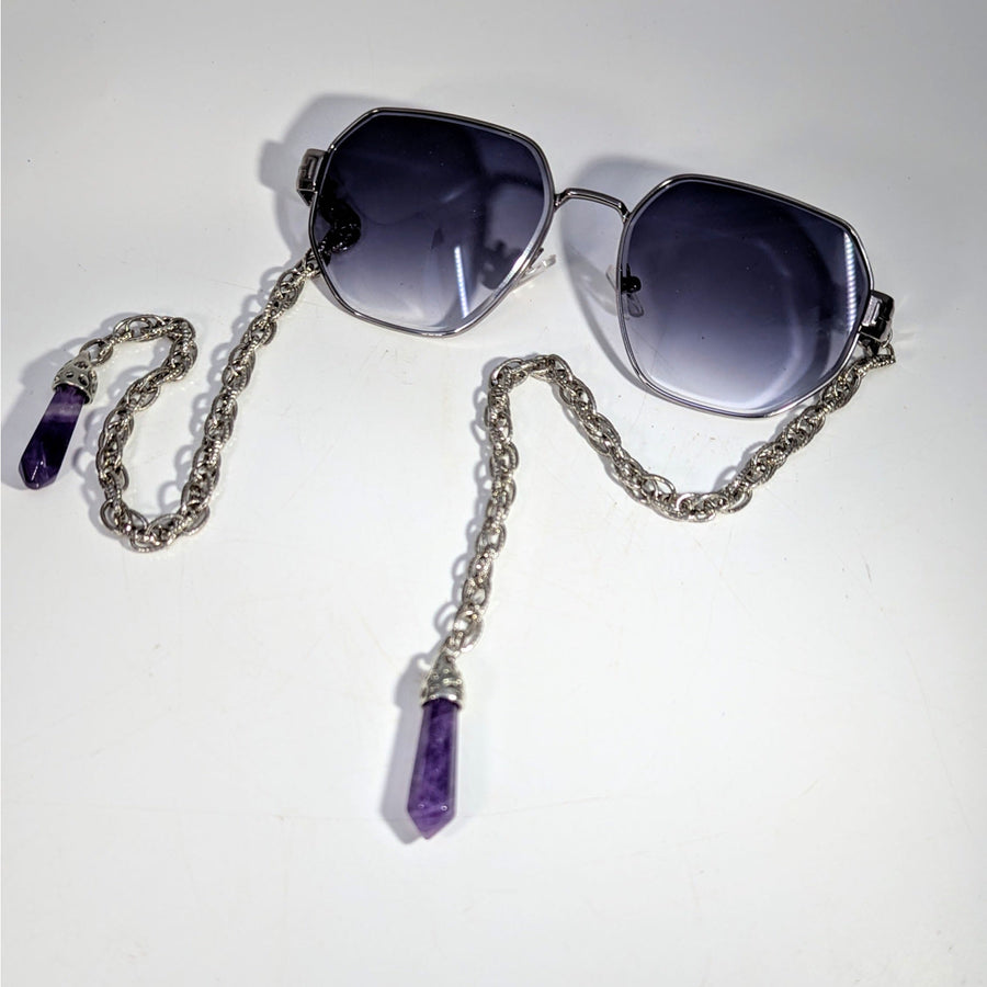 Silver octagonal sunglasses with gray gradient lenses, amethyst chain #BC0718